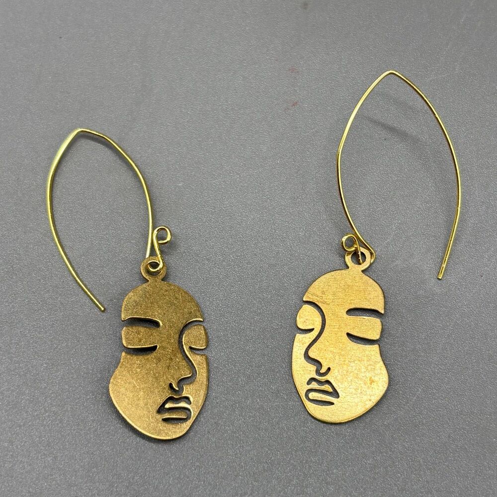 Abstract Face Dangle Earrings Gold Tone Modernist Line Art Minimalist Wire Hook